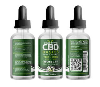 Three bottles of Innovative CBD Basics Hemp Extract on a white background
