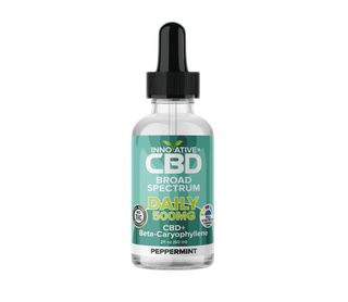 CBD oil bottle with dropper labeled 'Innovative CBD' on a white background
