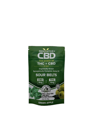 Green package of Innovative CBD Sour Belts on a white background