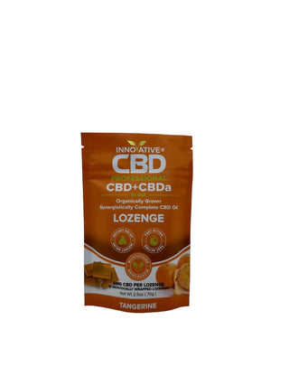 CBD lozenge package with orange and white design on a white background