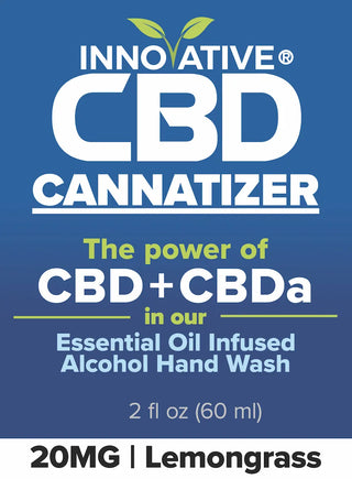 Innovative CBD Cannatizer hand wash packaging with blue background and white text.