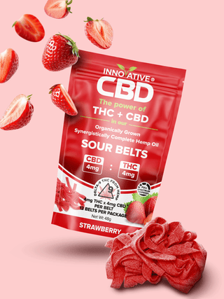 Red package of 'Sour Belts' with strawberries on a pink background