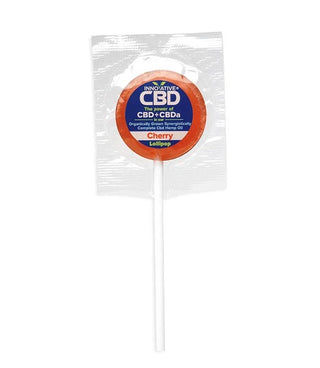 CBD cherry lollipop in a clear packaging on a white background