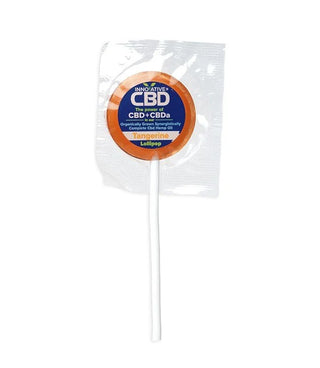 CBD lollipop in a clear packaging on a white background