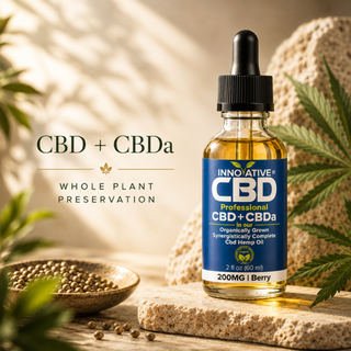Innovative CBD 200mg CBD + CBDa whole-plant hemp oil tincture with rich golden full-spectrum oil in a premium botanical wellness setting emphasizing cannabinoid preservation and solvent-free extraction.