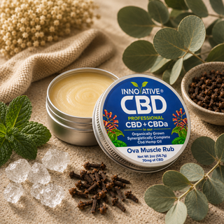 Innovative CBD Ova Muscle Rub full-spectrum CBD + CBDa topical balm with cooling menthol crystals, clove bud botanicals, and rich balm texture in a premium spa-inspired wellness setting.