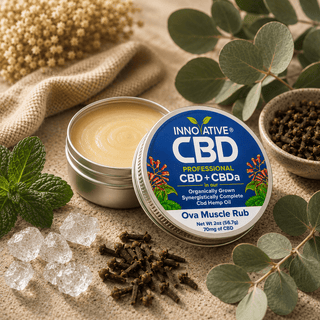 Innovative CBD Ova Muscle Rub full-spectrum CBD + CBDa topical balm with cooling menthol crystals, clove bud botanicals, and rich balm texture in a premium spa-inspired wellness setting.