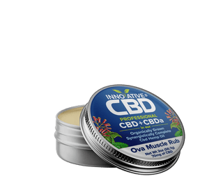 CBD muscle rub container with blue lid on a white background