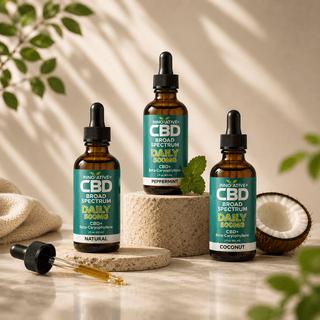 Innovative CBD broad spectrum THC-free 500mg CBD oil tincture collection with natural peppermint and coconut flavors in luxury wellness setting