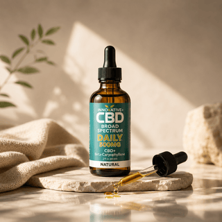Innovative CBD broad spectrum THC-free 500mg CBD oil tincture with amber bottle and golden oil dropper in premium wellness setting