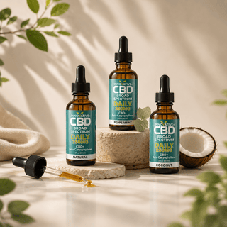 Innovative CBD broad spectrum THC-free CBD oil tincture collection with natural peppermint and coconut flavors in luxury wellness editorial setting