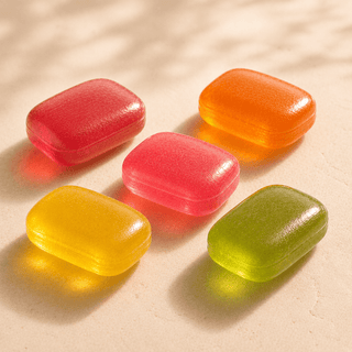 Close-up macro image of five colorful full spectrum CBD lozenges in cherry, watermelon, lemon, key lime, and tangerine flavors on a premium neutral surface.