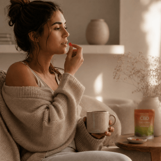 Woman relaxing with Innovative CBD full spectrum lozenges in a calm luxury wellness home setting with warm natural lighting.