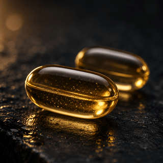 Macro close-up of golden enteric CBD and melatonin capsules with premium translucent oil on dark luxury surface