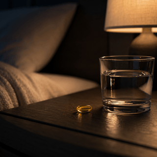 Golden Deep Sleep CBD THC melatonin capsule beside water glass on luxury bedside table with warm nighttime lighting