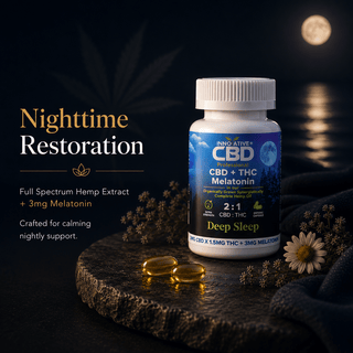 Deep Sleep CBD THC melatonin enteric capsules by Innovative CBD with golden softgel capsules and nighttime botanical luxury wellness styling on dark moonlit background