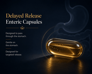 Premium delayed release enteric CBD capsule illustration with golden softgel and targeted release design on dark luxury background