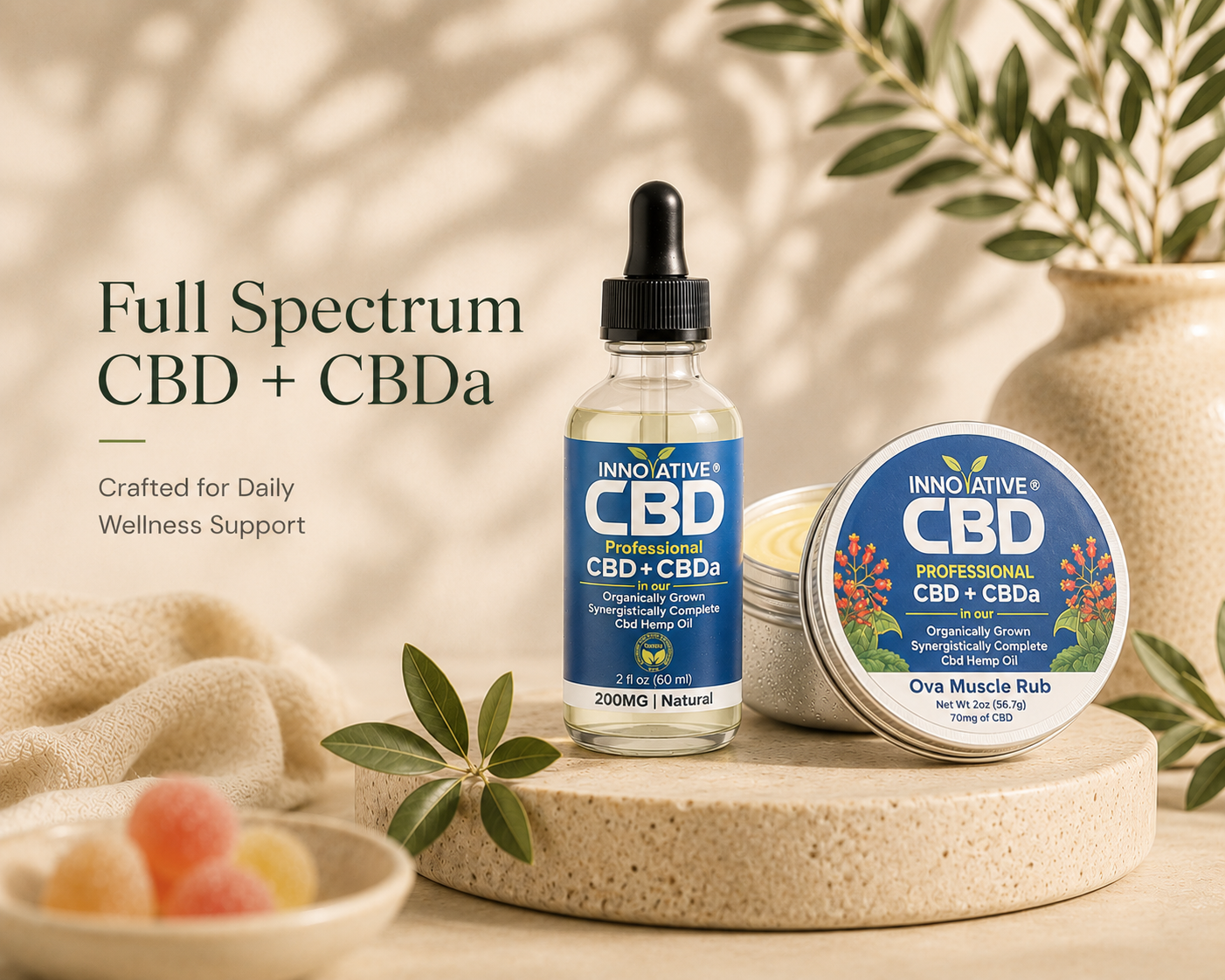 Editorial wellness banner featuring Innovative CBD Professional CBD + CBDa tincture and Ova Muscle Rub styled on a natural stone pedestal with soft botanical lighting and premium apothecary aesthetics.