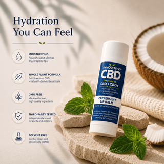 Premium full-spectrum CBD peppermint lip balm with hydration, whole plant formula, GMO-free, third-party tested, and solvent-free benefit callouts in a luxury wellness setting