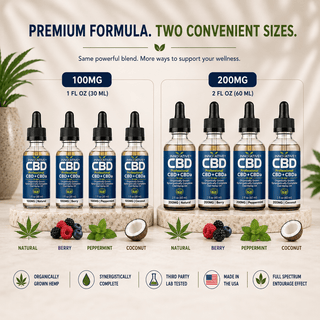 Innovative CBD Professional CBD plus CBDa tincture oil comparison chart showing 100mg 1oz 30ml and 200mg 2oz 60ml bottles available in Natural, Berry, Peppermint, and Coconut flavors with hemp leaf and flavor graphics on a premium wellness background.