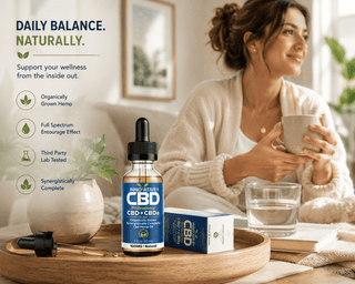 Innovative CBD Professional CBD plus CBDa 100mg Natural tincture oil lifestyle image featuring a relaxed woman in a cozy wellness setting with premium hemp extract bottle and packaging.