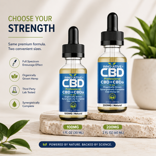 Innovative CBD Professional CBD plus CBDa tincture oil size comparison showing 100mg 1oz 30ml bottle and 200mg 2oz 60ml bottle on a premium neutral background with wellness graphics.