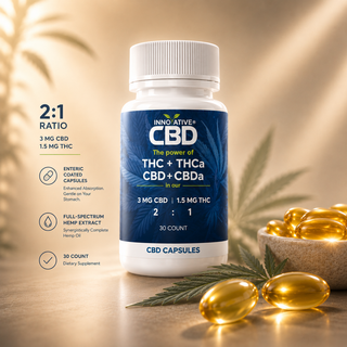 Innovative CBD 2:1 full-spectrum CBD and THC enteric-coated capsules bottle with premium golden softgels and warm luxury wellness background.