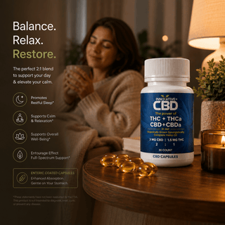 Innovative CBD 2:1 enteric-coated CBD and THC capsules with relaxing evening wellness lifestyle scene featuring warm lighting and calming atmosphere.