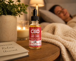 Innovative CBD 2:1 CBD to THC Peppermint full spectrum tincture lifestyle image featuring 30ml tincture bottle on a bedside table with candlelight, cozy bedding, and relaxing nighttime wellness setting.