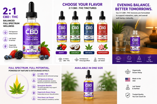 Innovative CBD 2:1 CBD to THC full spectrum tincture flavor guide featuring Berry, Coconut, Natural, and Peppermint 30ml tinctures with golden hemp extract oil, wellness benefits, and lab tested premium hemp formula.