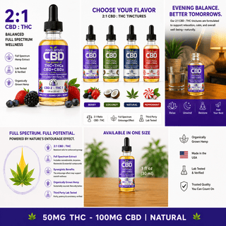 2:1 CBD and THC tincture flavor guide featuring berry, coconut, natural, and peppermint full-spectrum hemp oil options”