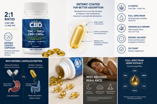 Innovative CBD 2:1 CBD to THC enteric coated capsule infographic collage featuring full-spectrum hemp extract, enhanced absorption technology, golden softgel capsules, digestive protection benefits, and wellness lifestyle imagery optimized for Shopify.