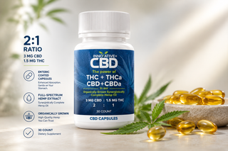 Innovative CBD 2:1 CBD to THC enteric coated capsules hero image featuring full-spectrum hemp extract, enhanced absorption softgel capsules, golden oil capsules, and premium wellness supplement branding optimized for Shopify.