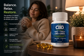 Lifestyle image of Innovative CBD 2:1 CBD to THC enteric coated capsules featuring a relaxing evening wellness scene with golden softgel capsules, full-spectrum hemp extract, enhanced absorption benefits, and calm nighttime support optimized for Shopify.