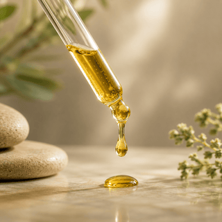 Luxury macro image of golden full-spectrum hemp oil dropper with warm natural lighting and soft botanical background