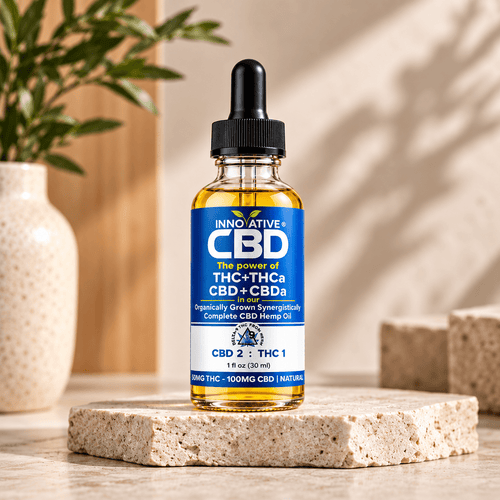 Innovative CBD 2:1 CBD to THC full spectrum hemp oil in clear glass dropper bottle