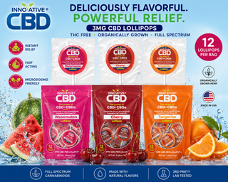 Hero image of Innovative CBD 3mg CBD Lollipops featuring Watermelon, Cherry, and Tangerine flavors in updated 12-count packaging with organically grown full spectrum hemp extract and fruit flavor imagery.