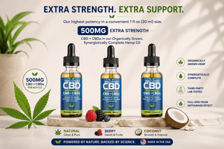 Innovative CBD Professional CBD plus CBDa 500mg extra strength tincture oil available in Natural, Berry, and Coconut flavors with hemp leaf and flavor graphics on a premium wellness background.