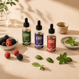 Innovative CBD Basics full spectrum tincture bottles with berries, peppermint leaves, and warm natural lighting in a premium wellness flat-lay scene.