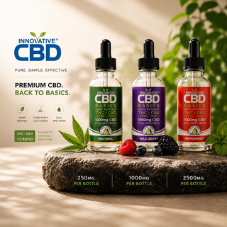 Innovative CBD Basics full spectrum tincture bottles in Natural, Wild Berry, and Peppermint flavors displayed in a premium wellness hero scene with warm natural lighting and minimalist editorial styling.