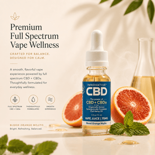 Innovative CBD Blood Orange Mojito full spectrum vape juice styled with blood orange, mint, soft vapor, and premium wellness-inspired editorial design on a warm cream background.