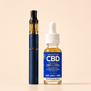 Innovative CBD Blood Orange Mojito full spectrum vape juice with premium vape pen on a soft cream background in a clean luxury wellness product display.