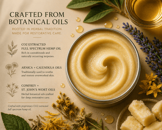 Luxury botanical CBD salve texture image featuring CO2 extracted full spectrum hemp oil, arnica, calendula, comfrey, and St. John’s Wort oils in a premium apothecary-inspired skincare layout.