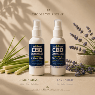 Innovative CBD Cannatizer lemongrass and lavender botanical hand wash sprays displayed in luxury scent comparison scene with essential oil botanicals