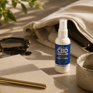 Innovative CBD Cannatizer botanical hand wash spray styled in luxury everyday carry setting with journal, sunglasses, ceramic cup, and travel pouch in warm natural light