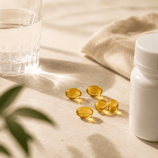 “Golden full spectrum CBD capsules beside a glass of water in a premium wellness-inspired morning ritual setting.”