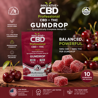 Hero image of Innovative CBD Professional Cherry 1:1 CBD + THC Gumdrops featuring full spectrum hemp extract, 5mg CBD and 5mg THC per gumdrop, and updated 10-count packaging.