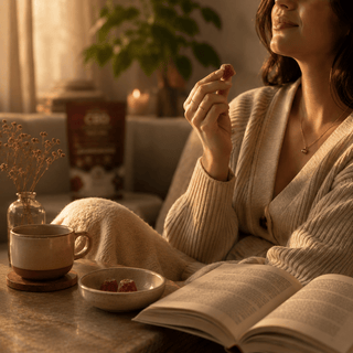 Woman relaxing in a warm evening setting holding a cherry THC + CBD gumdrop with tea, book, and softly blurred Innovative CBD pouch in the background.