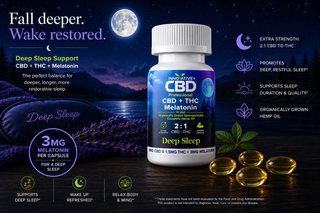 Innovative CBD Deep Sleep CBD + THC + Melatonin enteric capsules hero image featuring golden softgels, moonlit nighttime scenery, and messaging highlighting 3mg melatonin per capsule for deeper, more restorative sleep support.