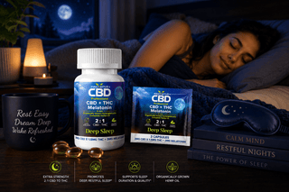 Lifestyle image of Innovative CBD Deep Sleep CBD + THC + Melatonin enteric capsules featuring a bedside nighttime setting with golden softgels, trial size packaging, calming sleep accessories, and a peacefully sleeping woman to represent deeper restorative sleep support.